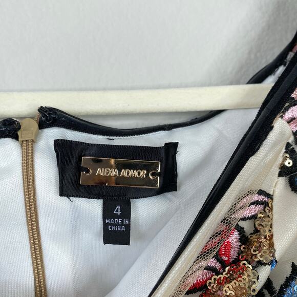 ALEXIA ADMOR Ivory Floral Sequin Embroidered Asymmetric Dress Size 4 Party - Picture 6 of 11